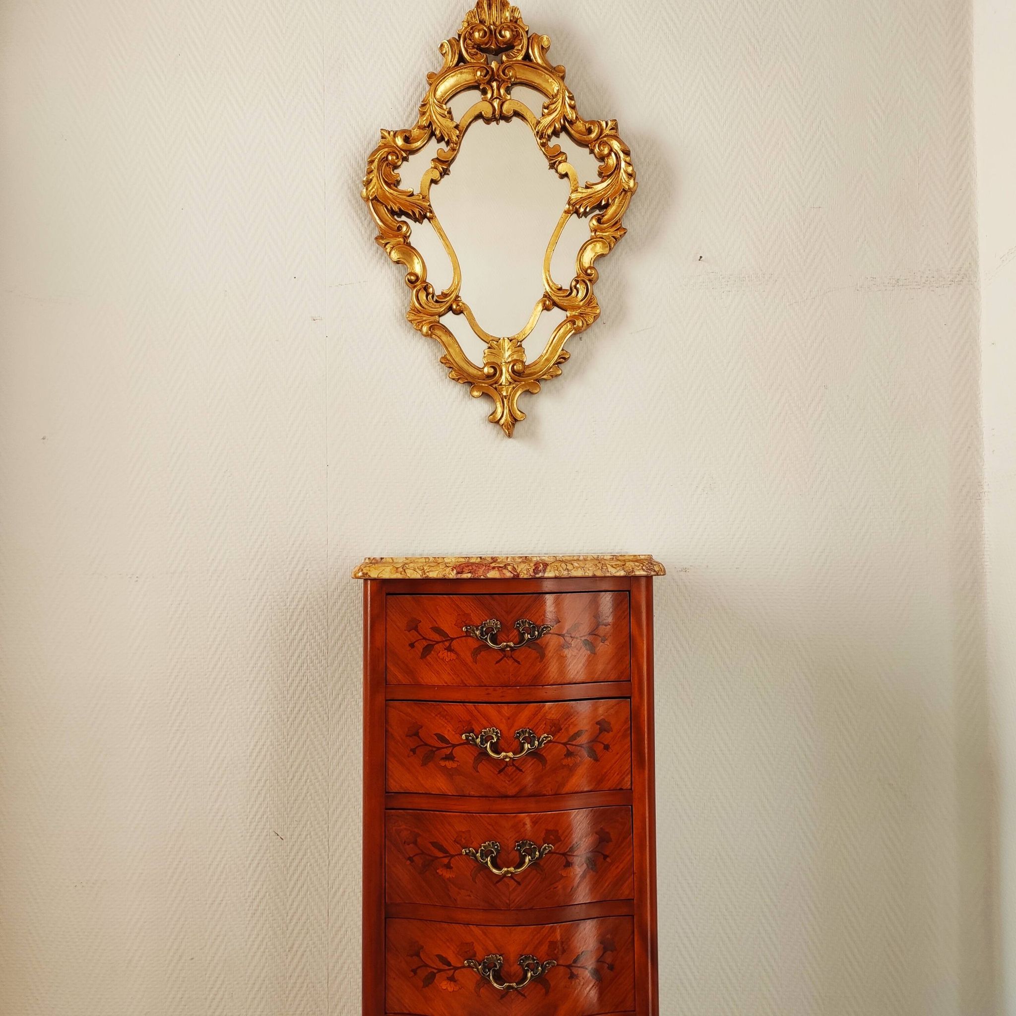 Curved chest of drawers in marquetry – marble top – Louis XV style