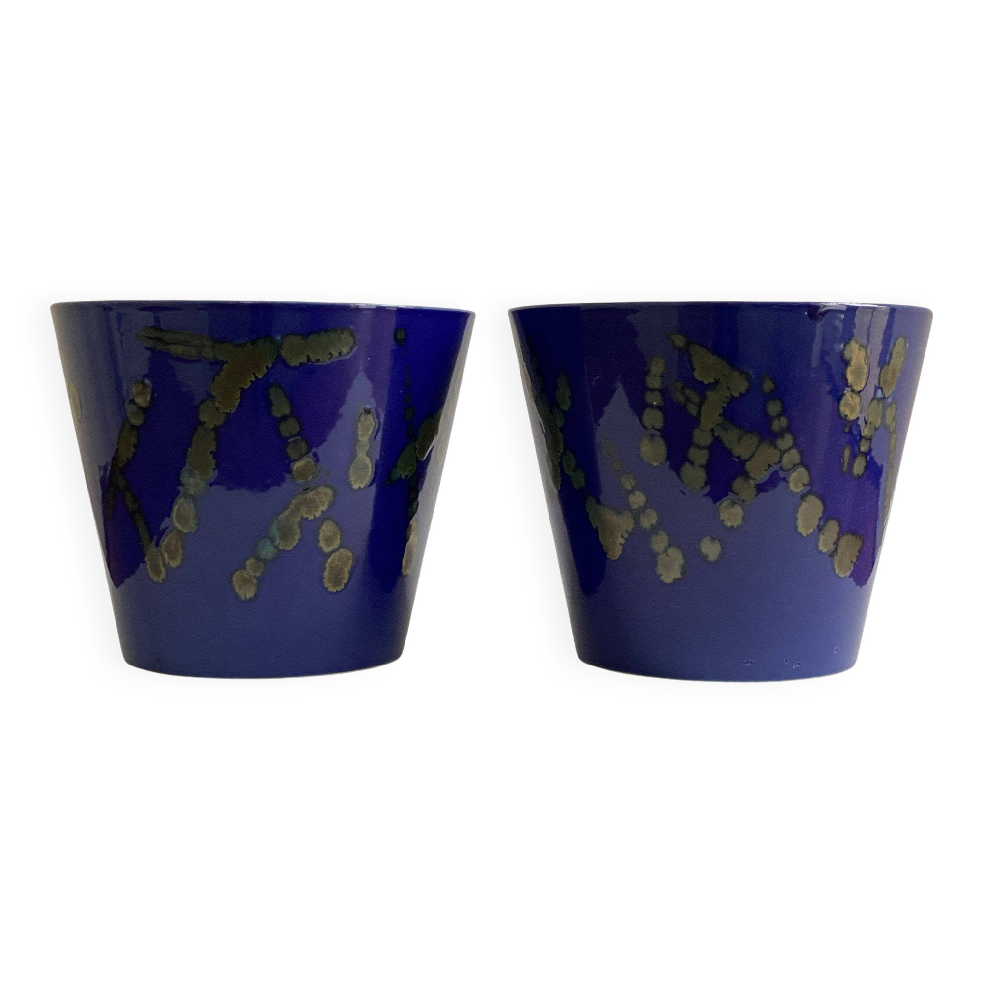 Set of 2 blue West German ceramic planters / flower pots