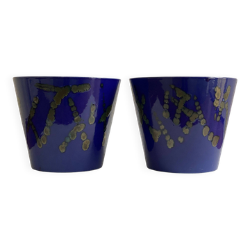 Set of 2 blue West German ceramic planters / flower pots