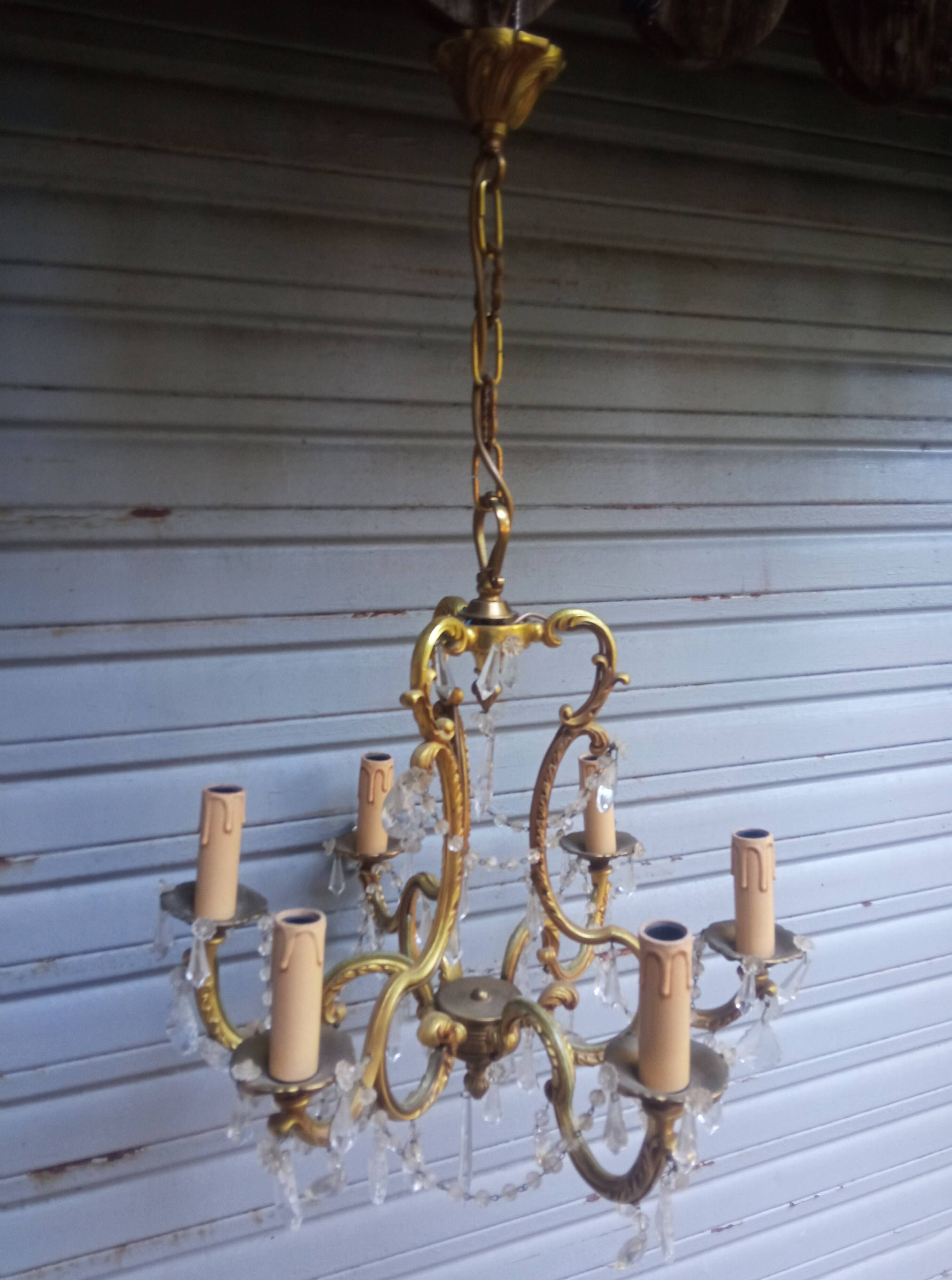 Antique cage chandelier in gilded bronze and crystal, 6 lights / working condition l gau
