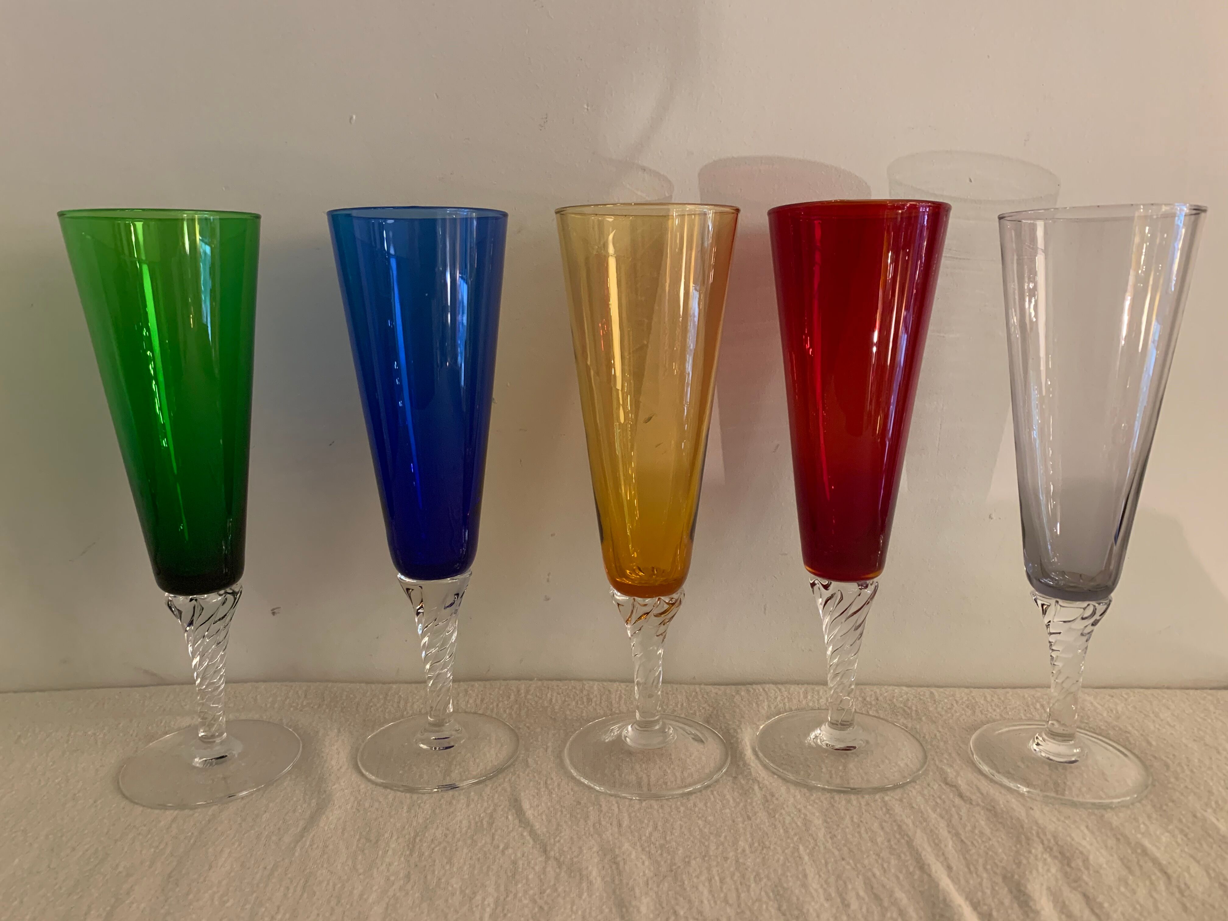 5 colorful champagne flutes in Murano 1970 glass