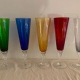 5 colorful champagne flutes in Murano 1970 glass