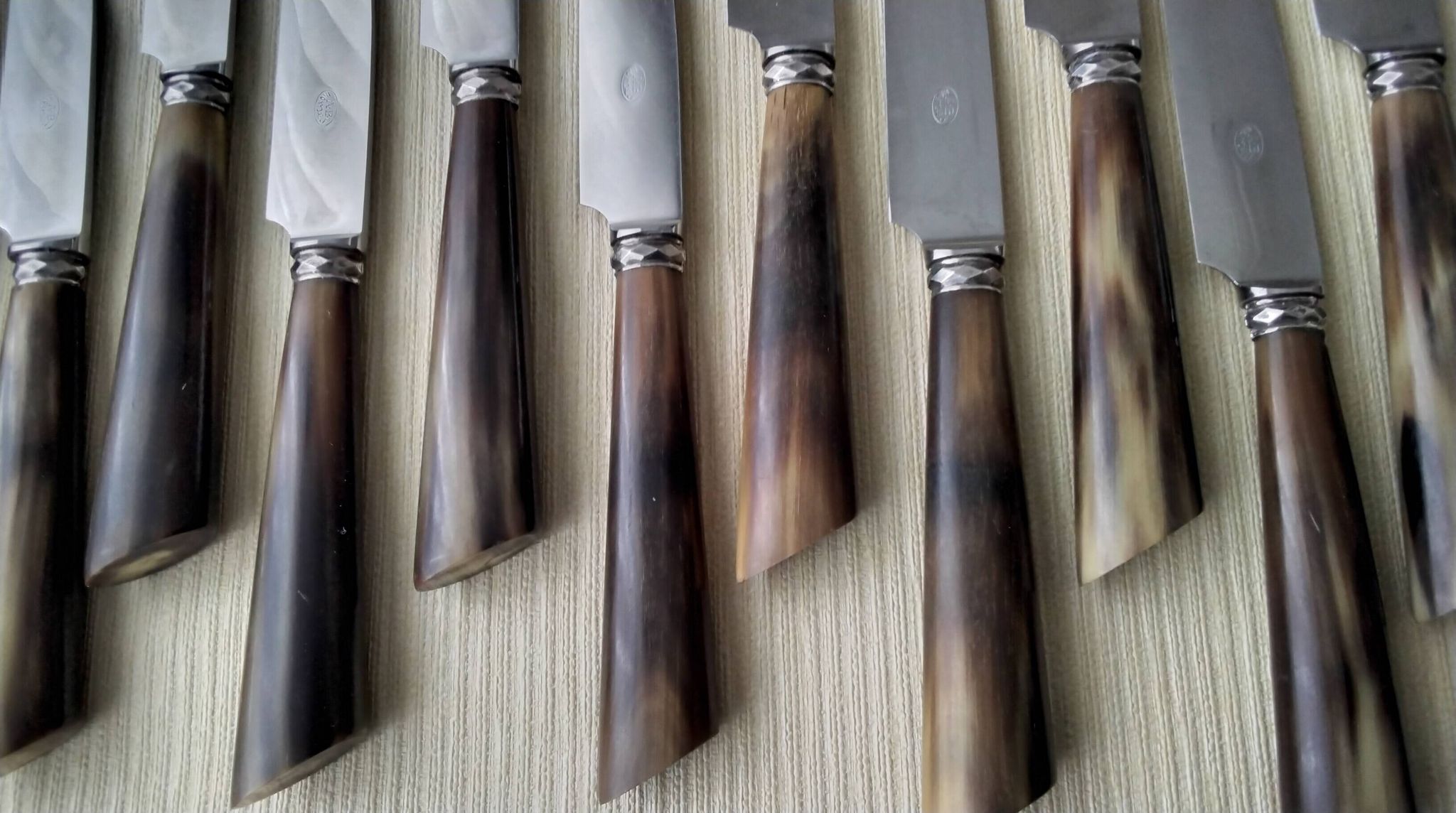 Box of 12 table knives with horn handles, silver-plated metal and stainless steel.
