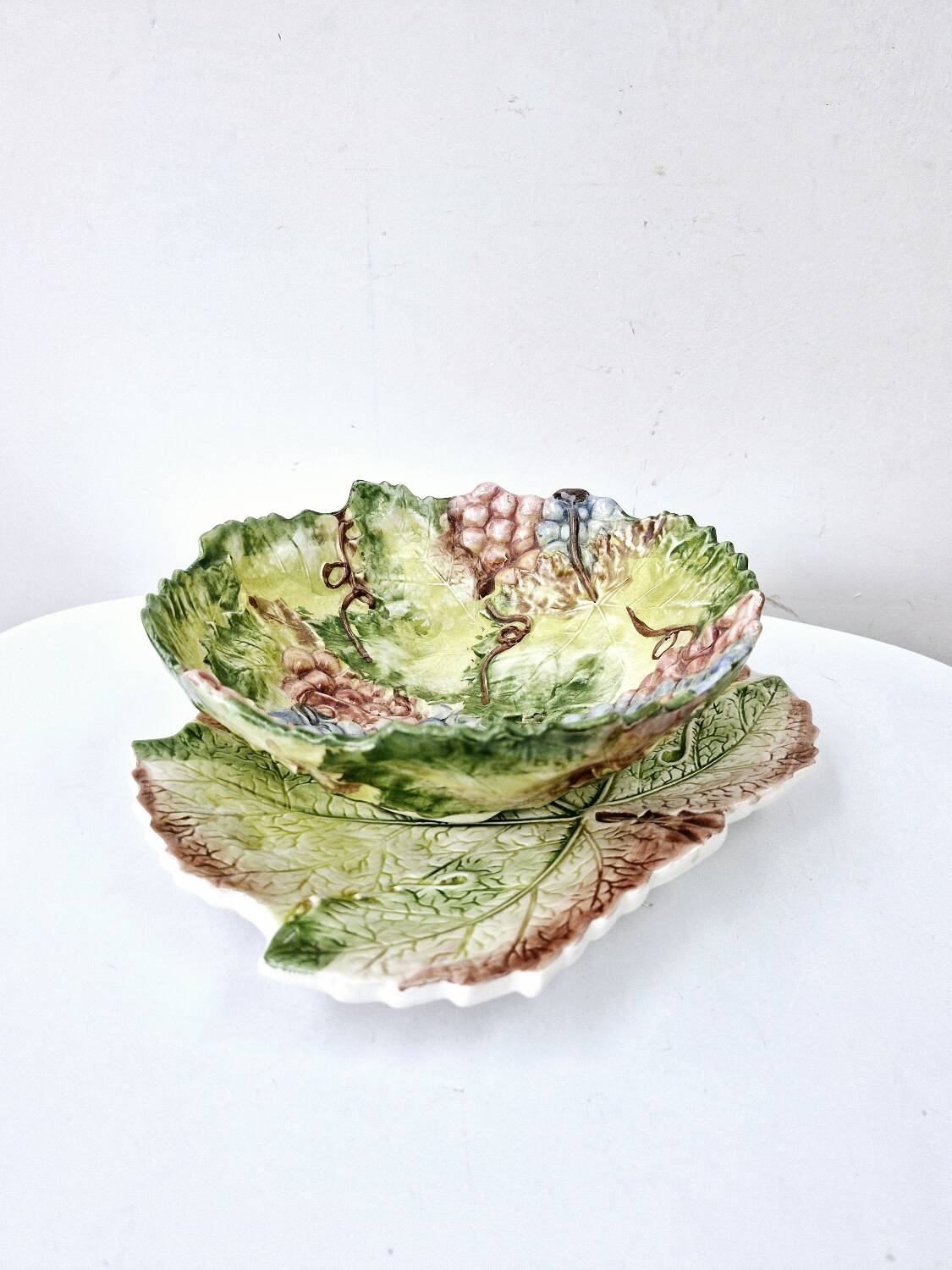 Vintage Draining Salad Bowl Signed GV In Grape Vine Leaf Barbotine