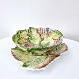Vintage Draining Salad Bowl Signed GV In Grape Vine Leaf Barbotine