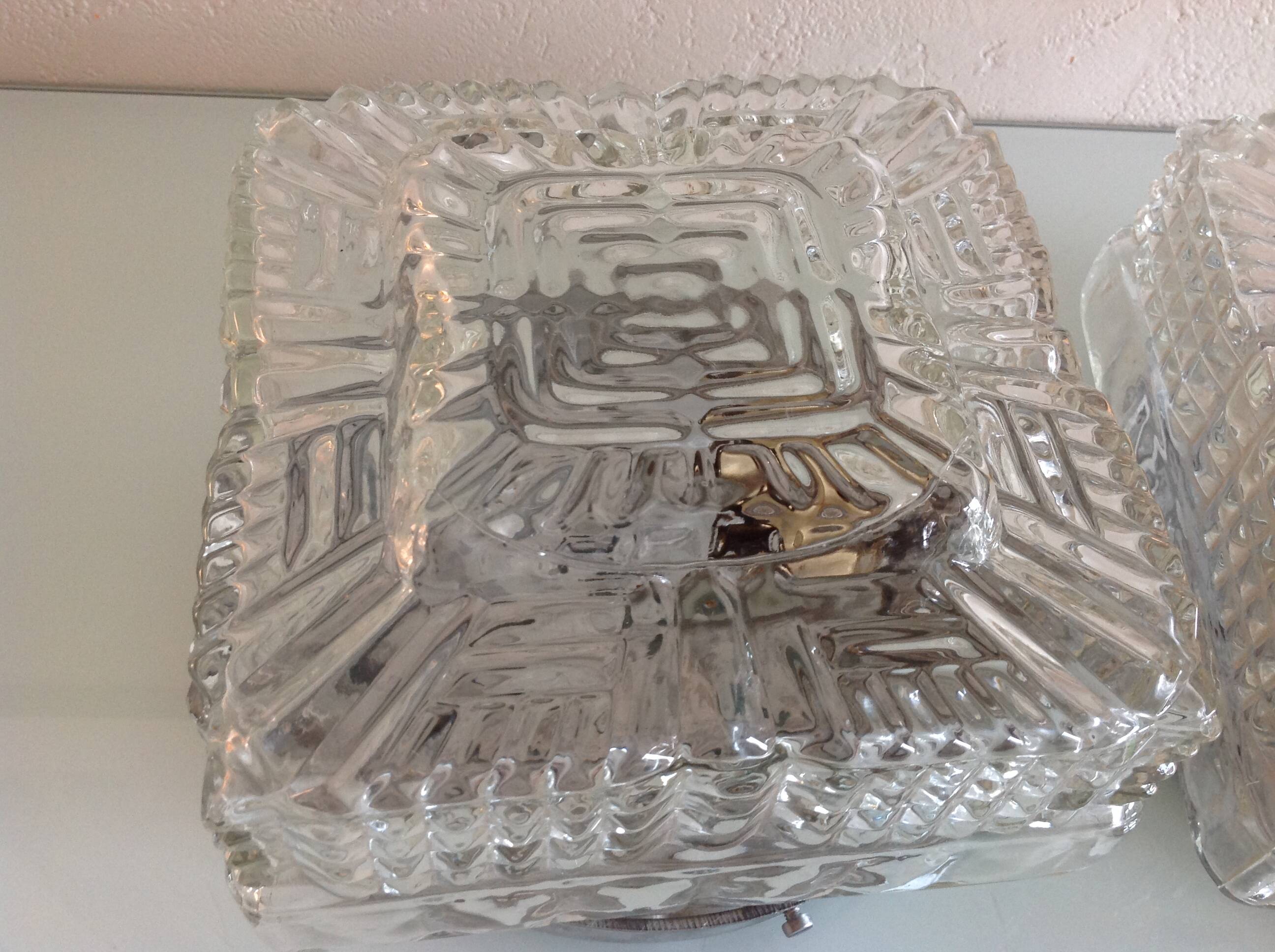 Paire de plafonniers carrés en verre structuré / vintage années 60-70