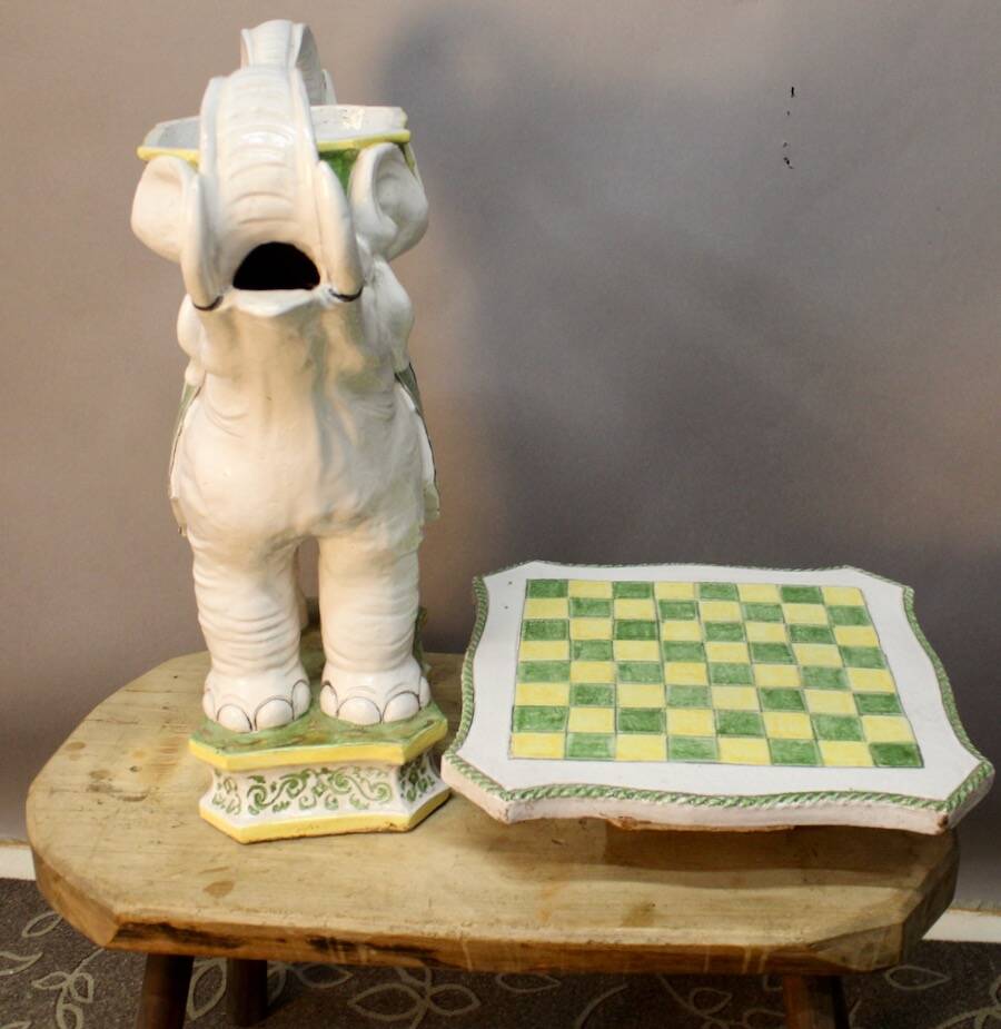 "Elephants" design chess table, enamelled, hand-painted.