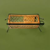 Vintage magazine rack in black metal, wood and rattan with ceramic ashtray