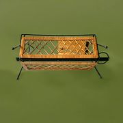 Vintage magazine rack in black metal, wood and rattan with ceramic ashtray