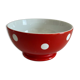 Red bowl with white polka dots signed Longchamp Porcelaine France