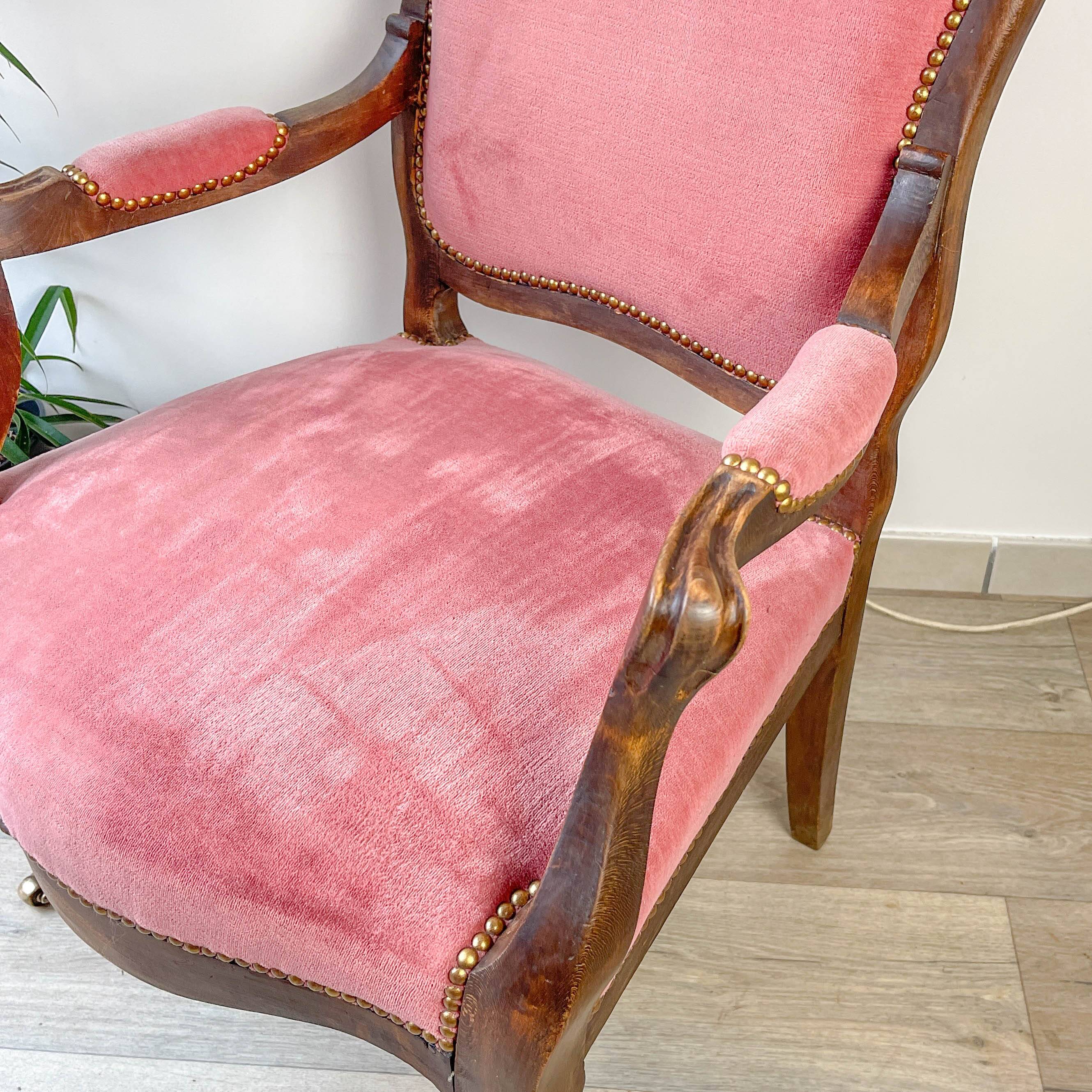 Louis Philippe armchair in pink velvet
