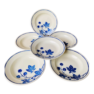 Ensemble de 6 assiettes creuses anciennes Badonvilliers motif fleur bleu