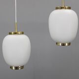1970s Bent Karlby Pair of China Pendants of Opaline Glass and Brass by Lyfa