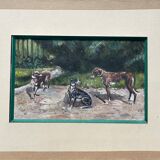 Tableau peinture ancienne chiens trois lévriers XXe
