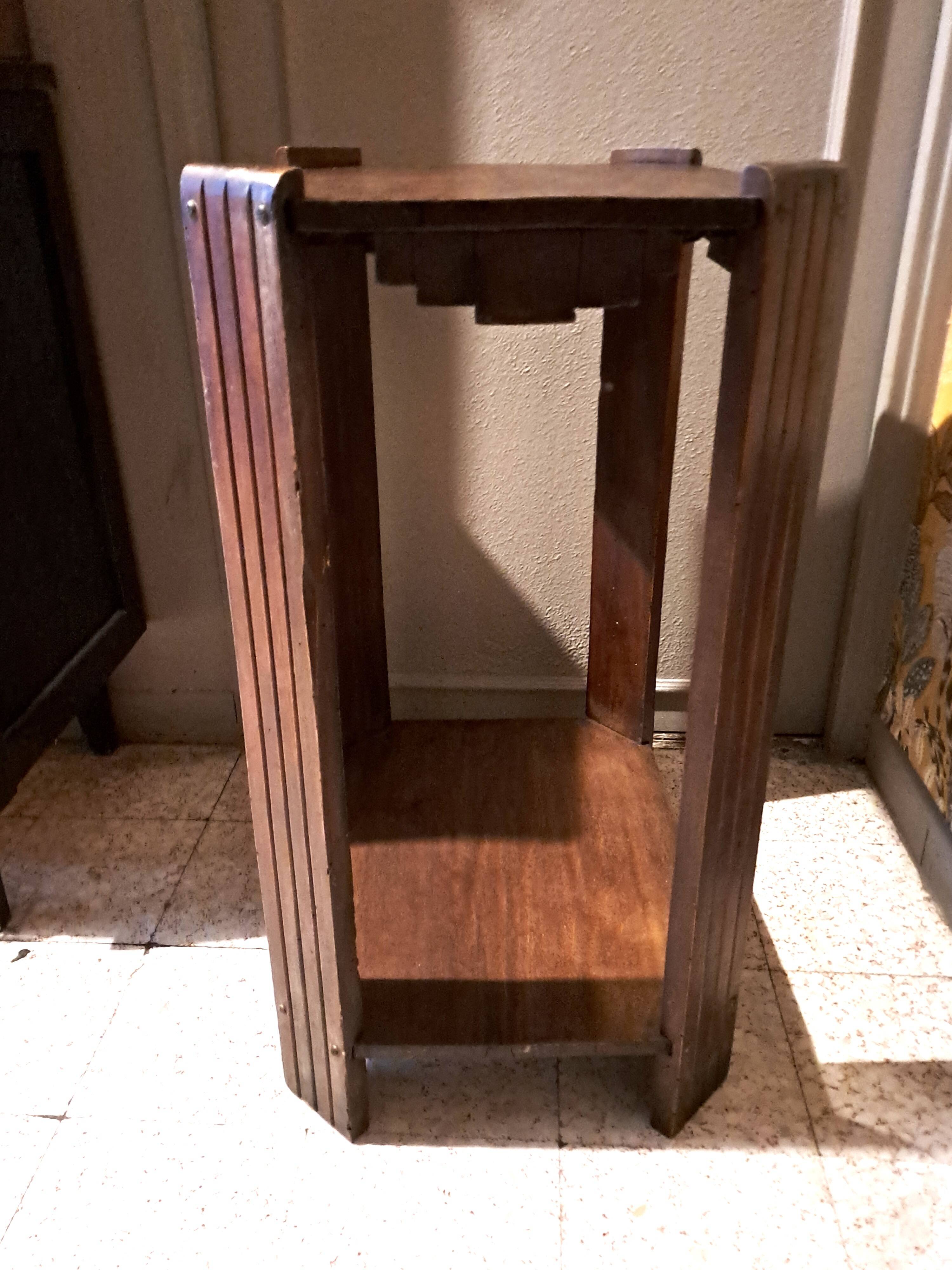 Art Deco side table in rectangular varnished brown wood with 2 shelves 1940