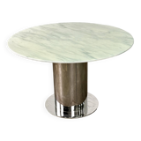 Italian dining table with white marble top and chrome cylindrical base