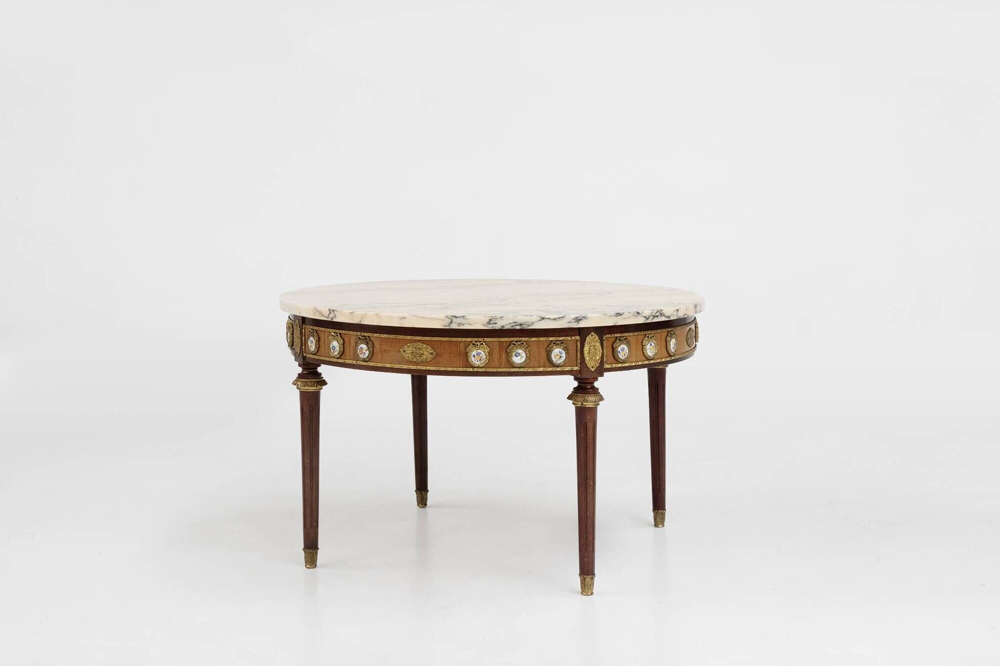 French coffee table with pink marble top and Limoges plaques, ca. 1950