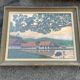Large naive oil painting signed Medrano: rice field and buffalo, village with roofs of