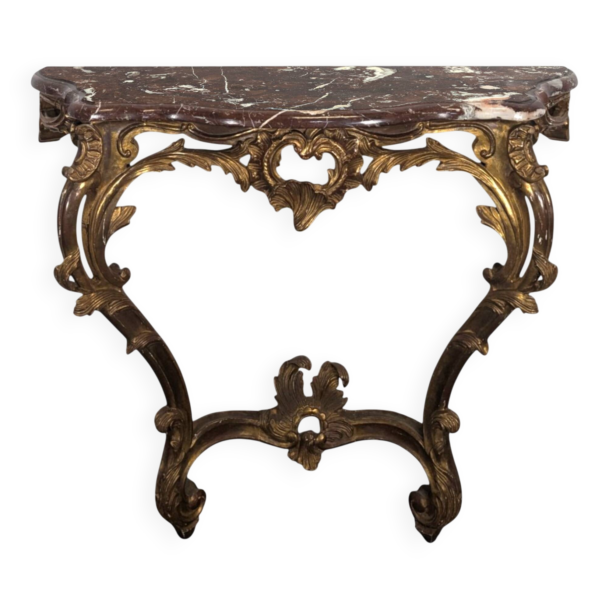 Console Louis XV en bois doré sculpté dessus marbre rouge