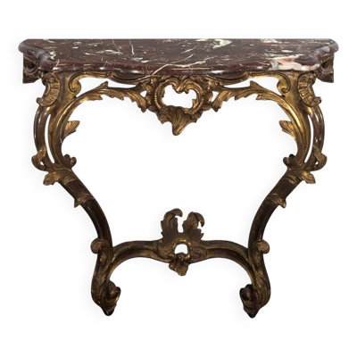 Console Louis XV en bois doré sculpté dessus marbre rouge