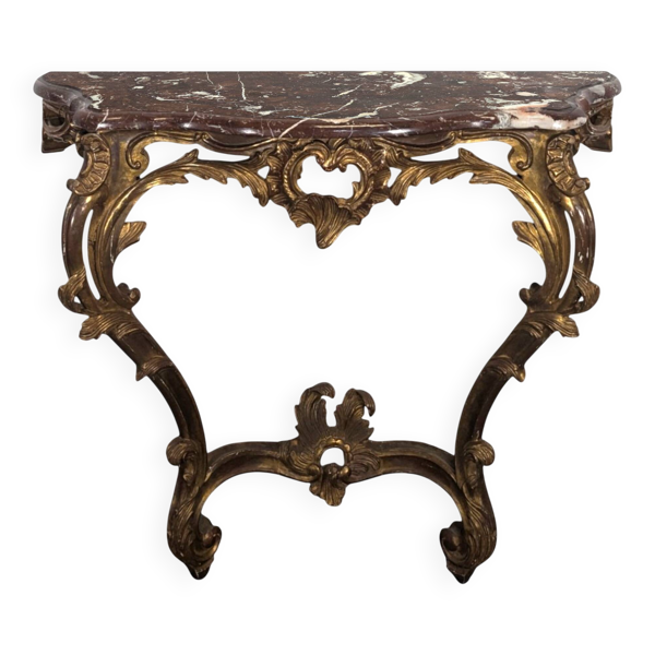 Console Louis XV en bois doré sculpté dessus marbre rouge