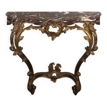 Console Louis XV en bois doré sculpté dessus marbre rouge