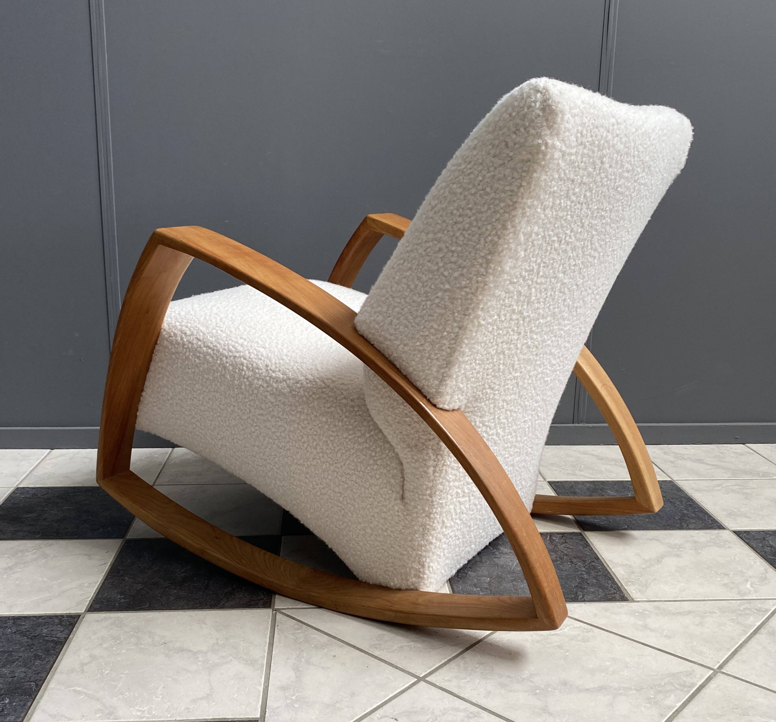 Large white boucle fabric rocking chair