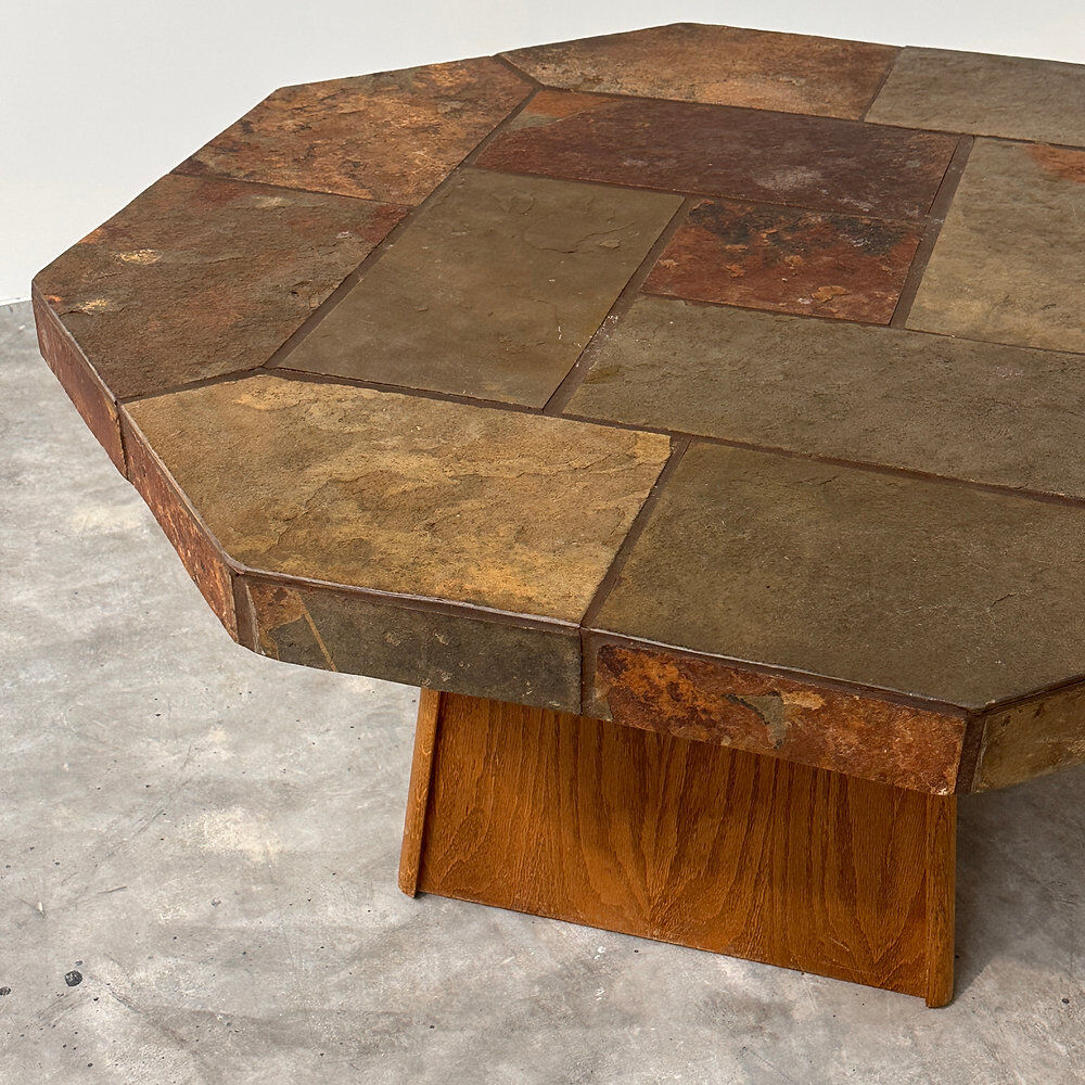 Large vintage slate mosaic coffee table, oak pedestal base, brutalist octagonal