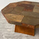 Large vintage slate mosaic coffee table, oak pedestal base, brutalist octagonal