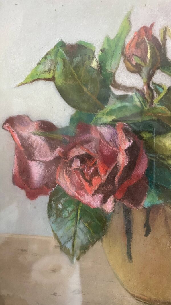 Pastel ancien bouquet de fleurs encadré art nouveau