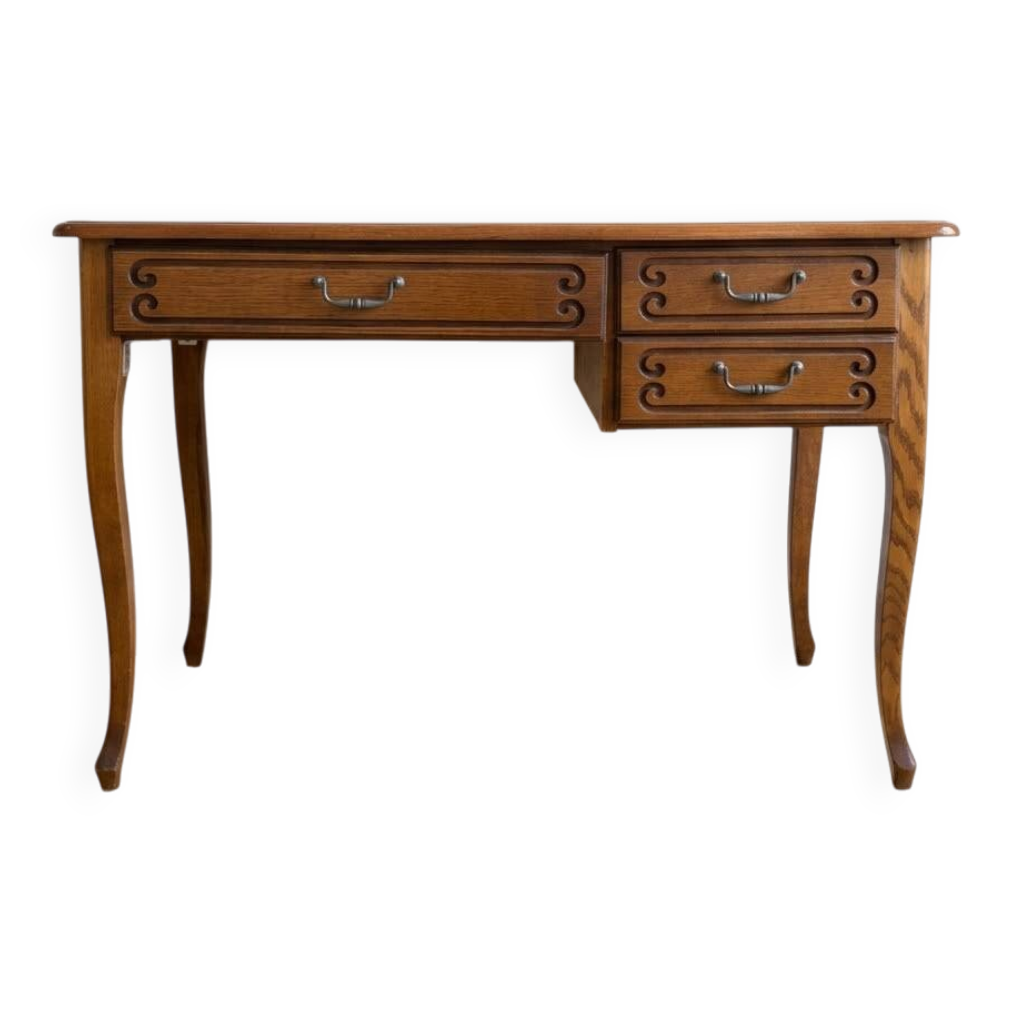 Flat desk in Louis XV style, warm-toned wood, 3 drawers.