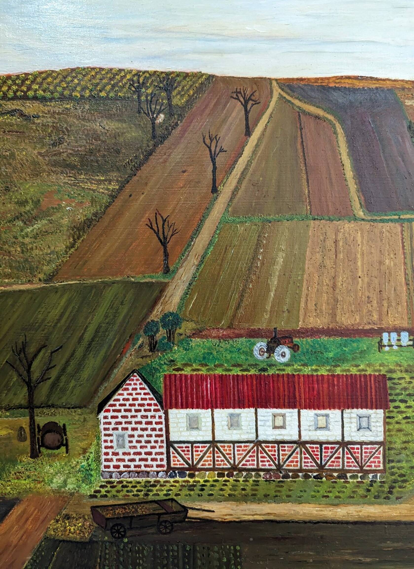 Mid-Century Modern "The Working Farm" Vintage Naïve Style Landscape Oil Painting, Framed