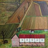 Mid-Century Modern "The Working Farm" Vintage Naïve Style Landscape Oil Painting, Framed