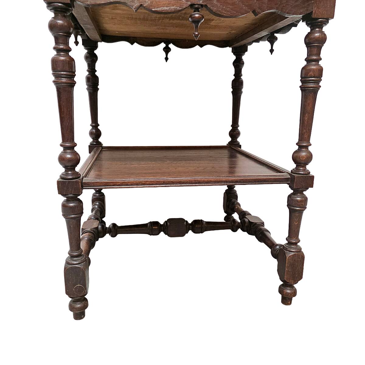 Antique French oak Side Table With Embroidered Top, late 1800s
