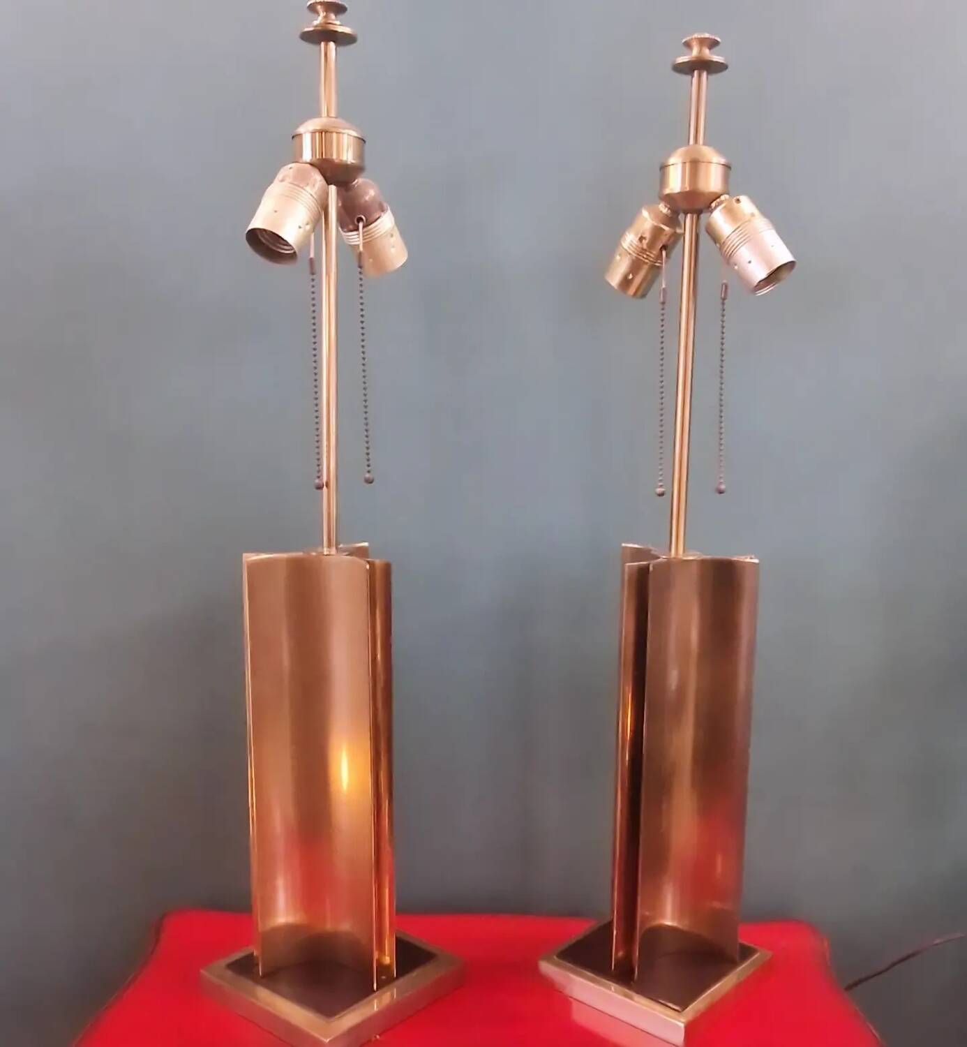 Large pair of 70s gold metal table lamps