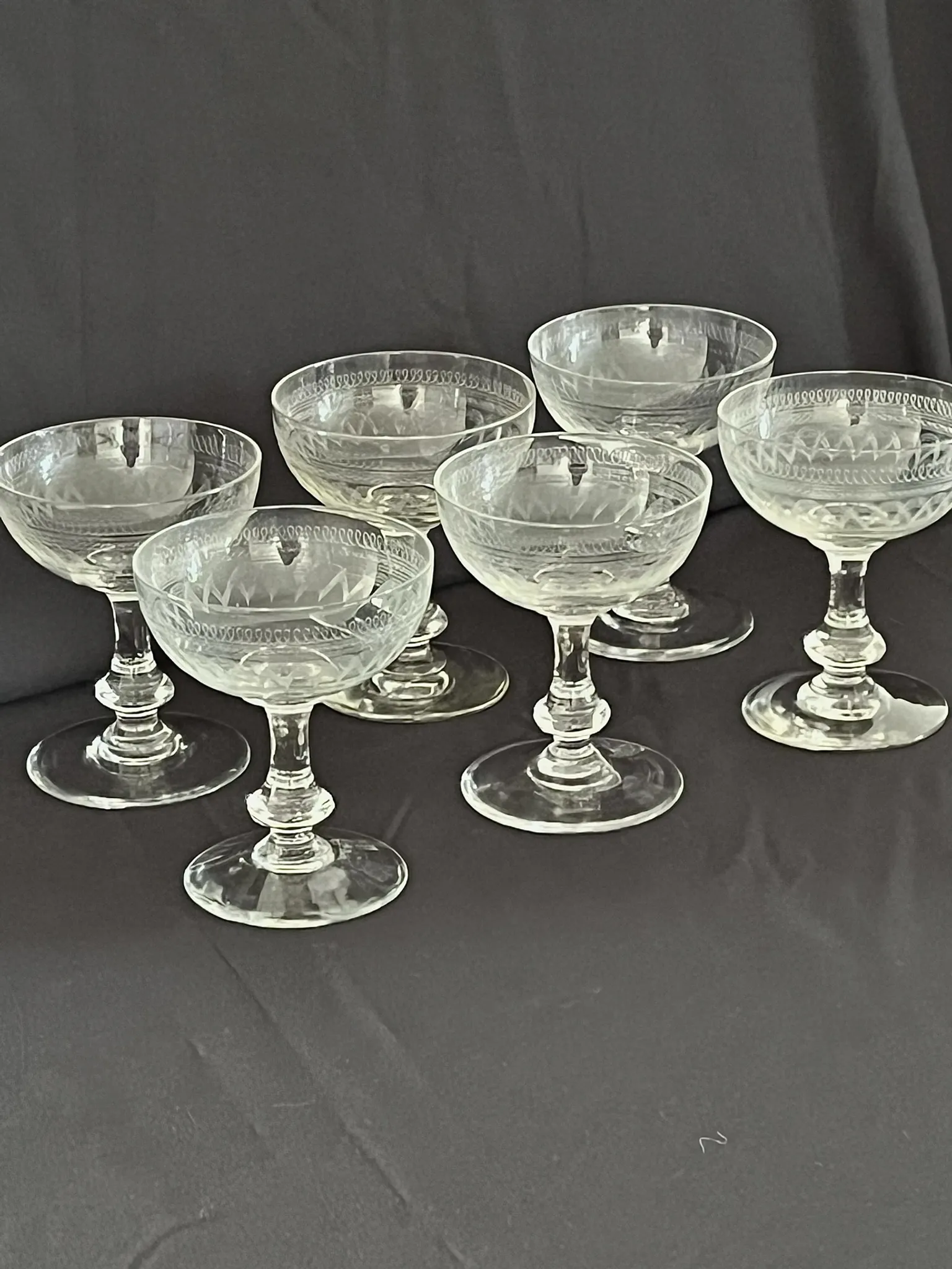 Champagne Coupes – Set of 6 Antique Hand Engraved Art Deco Stemware