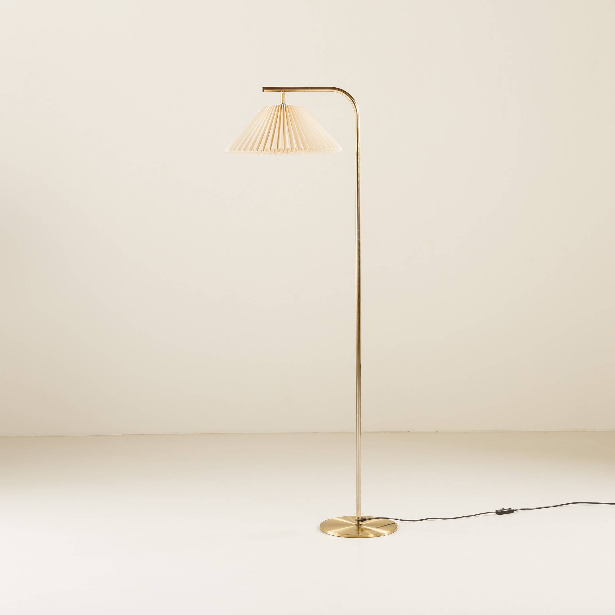 Danish brass floor lamp with Le Klint shade, 1970s