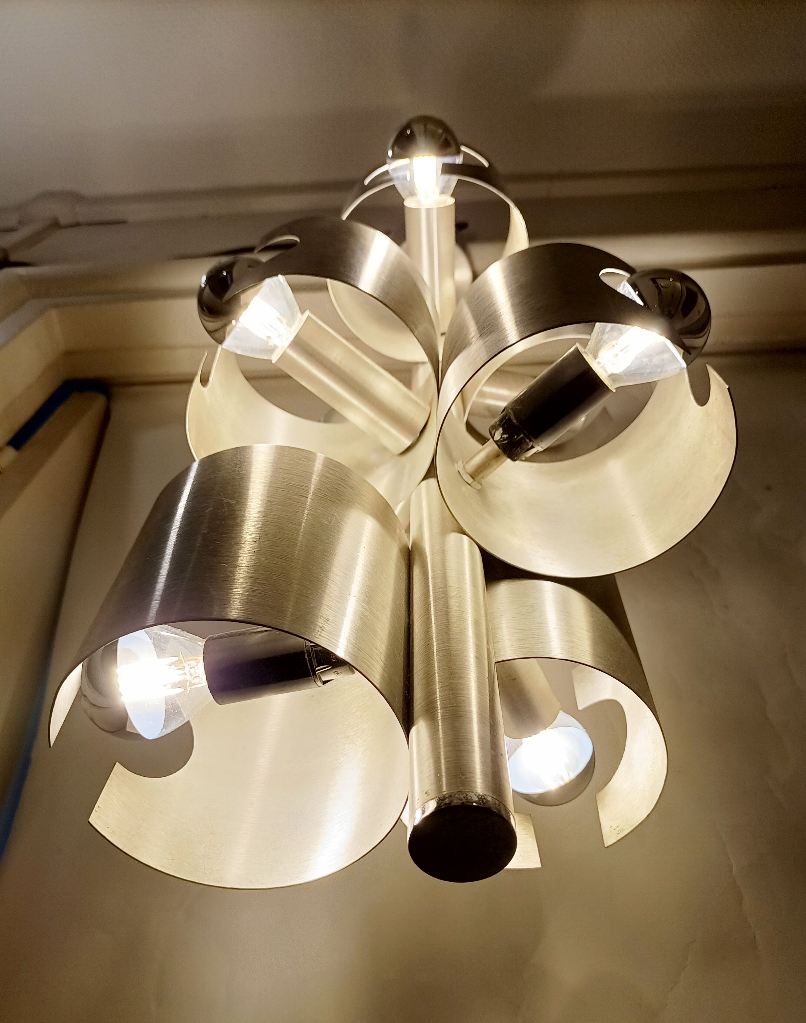 Chandelier with 7 lights in brushed aluminum, Italy 1970 Vintage