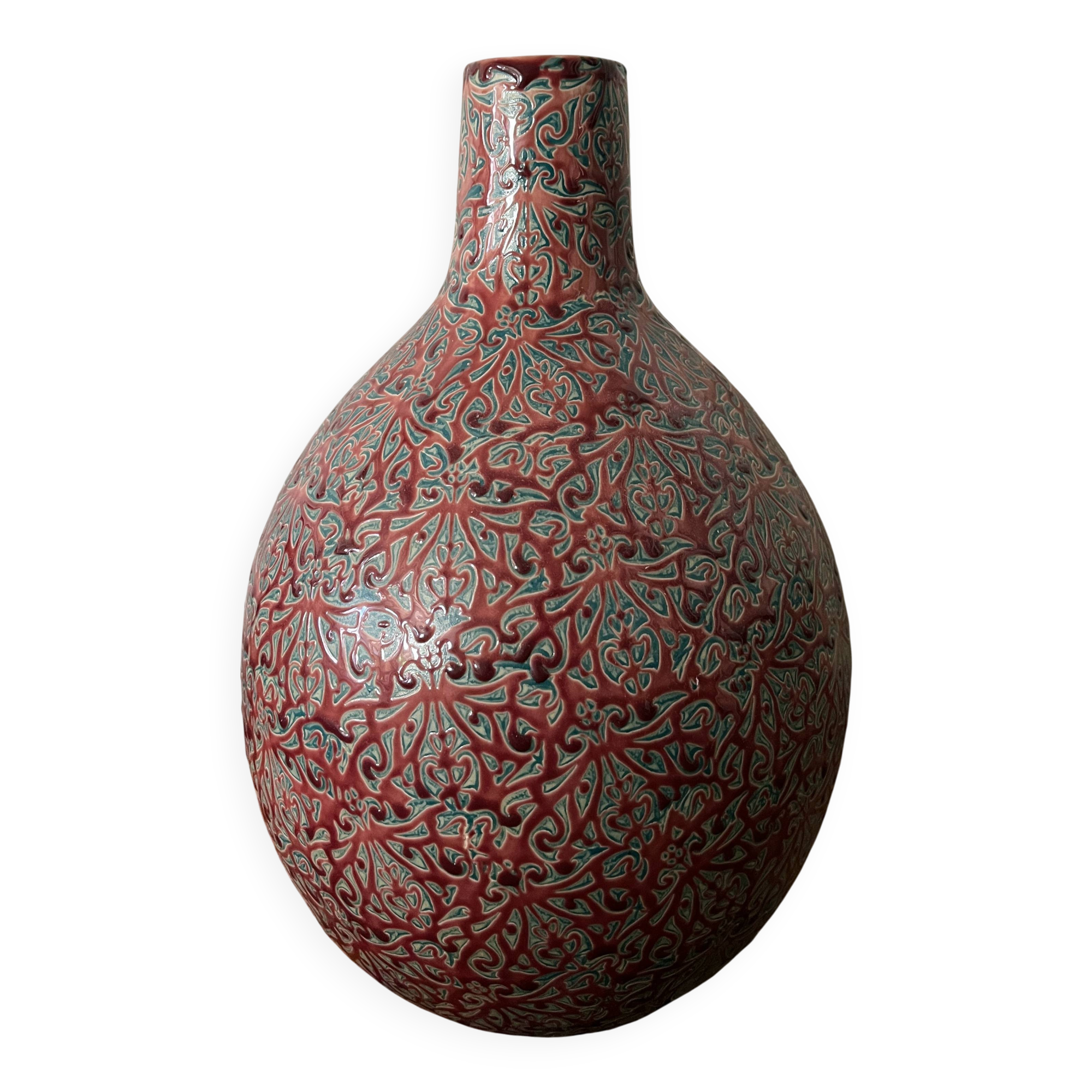 Large ceramic art vase with signed enamel interlacing