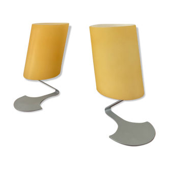 Pair of design lamps in yellow opaline and metal