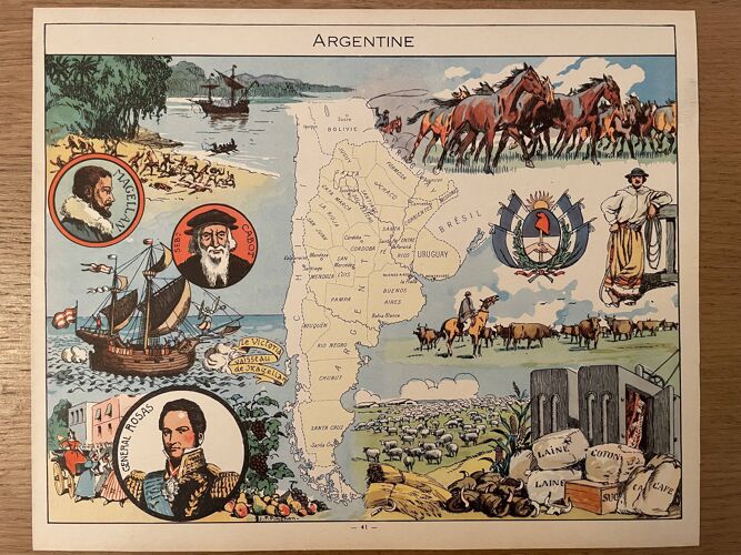 Affiche ancienne carte illustrée de l'Argentine de 1948 - JP Pinchon