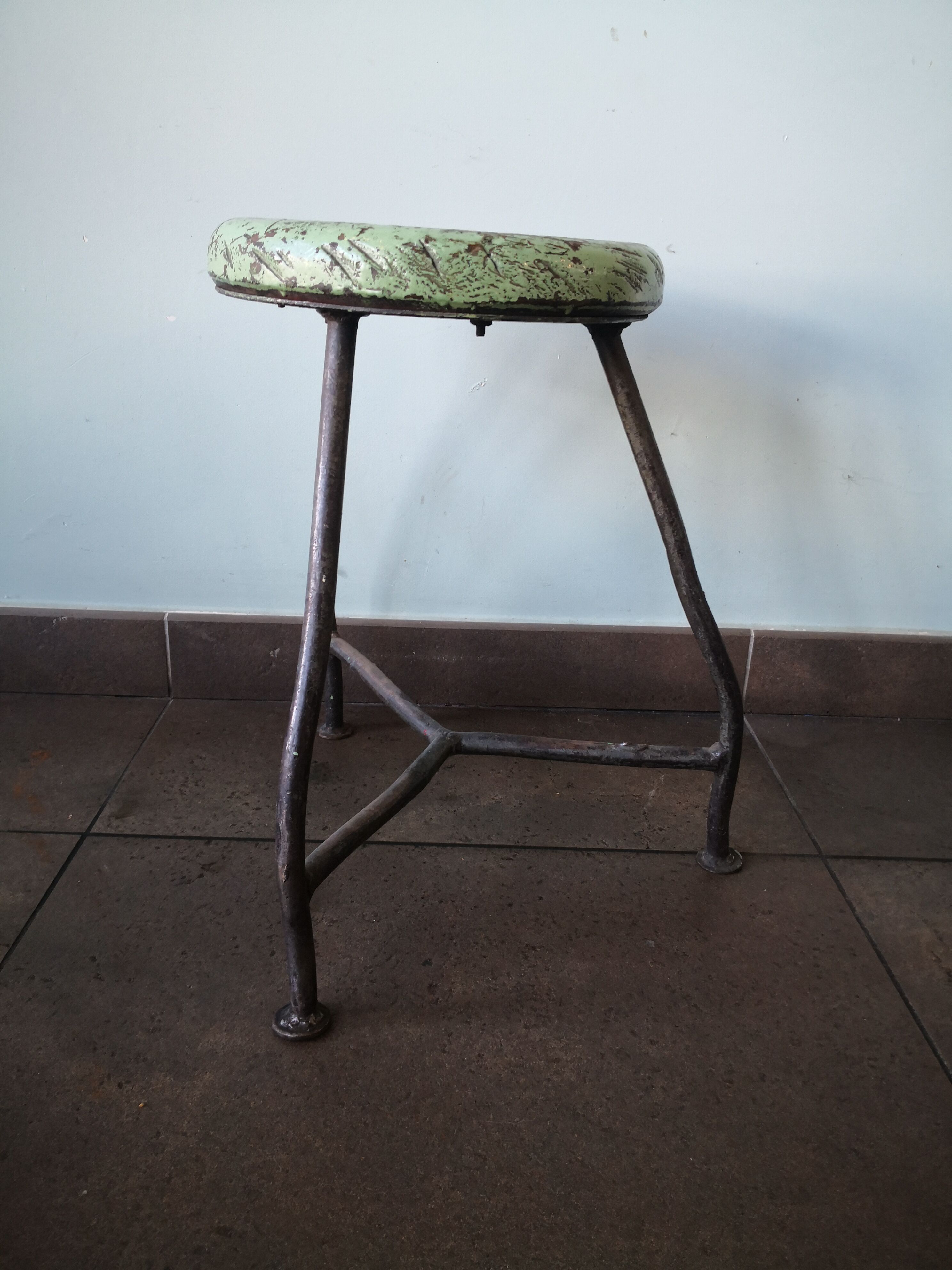 Vintage tripod stool, industrial style wood and metal