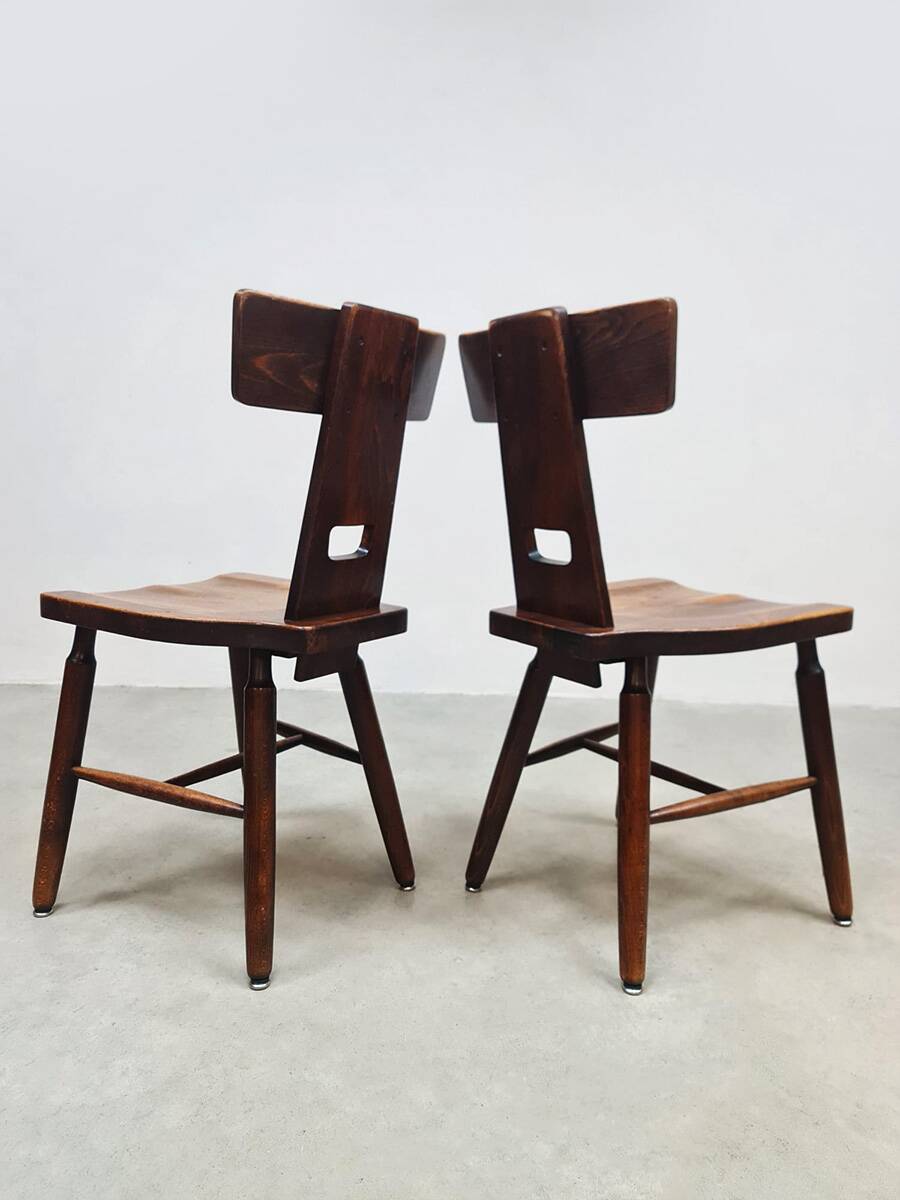 Vintage brutalist T-back dining chairs Pierre Chapo style