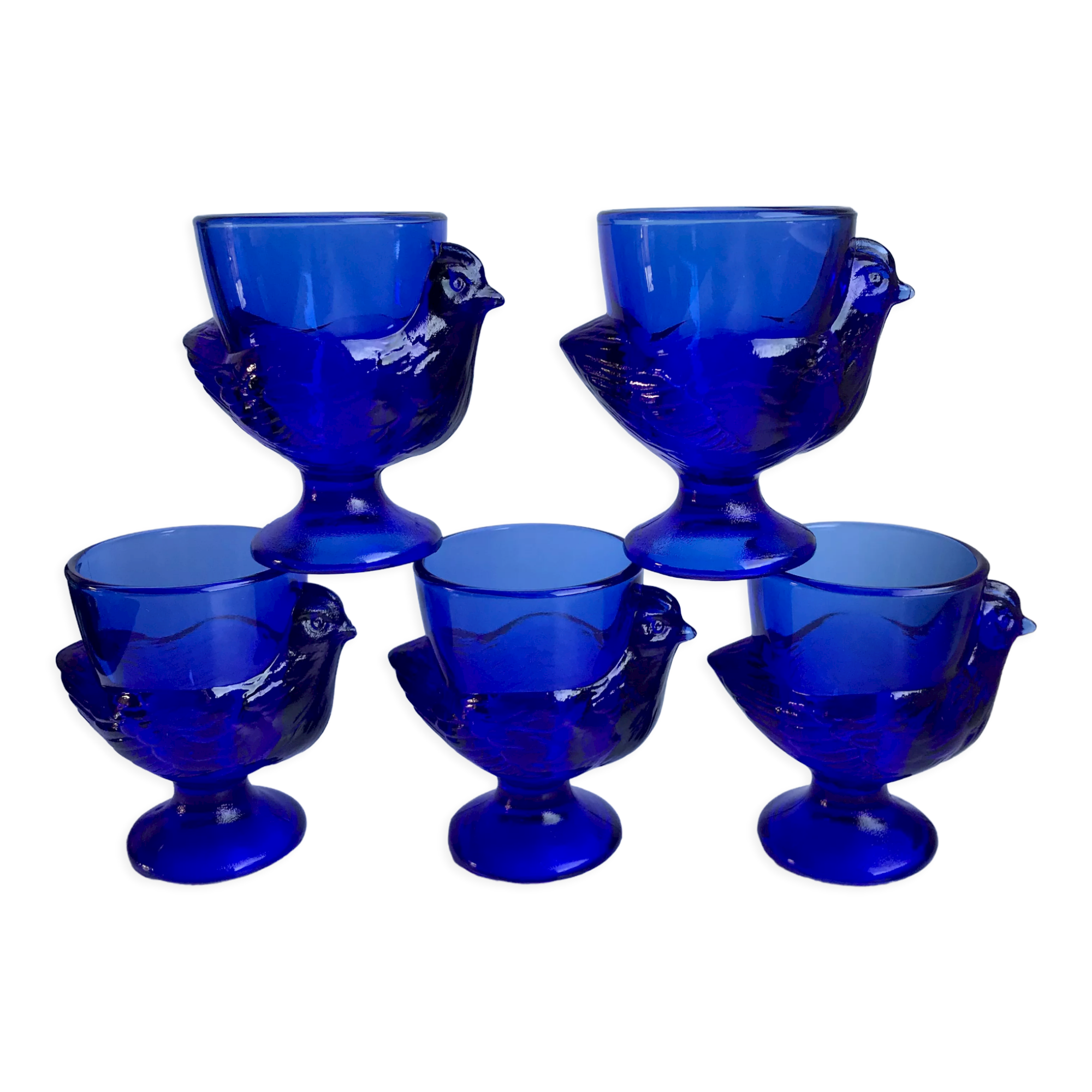 Set of 5 shells model hens in glass color royal blue 70s