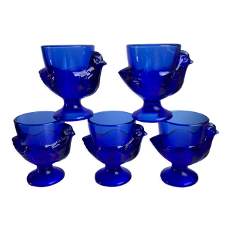 Set of 5 shells model hens in glass color royal blue 70s