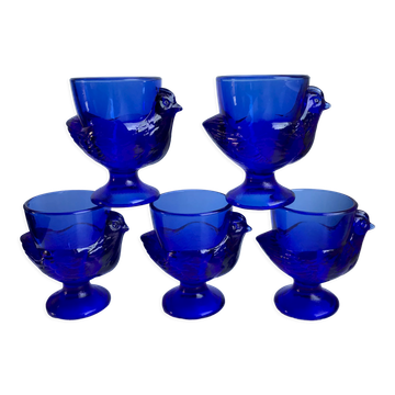 Set of 5 shells model hens in glass color royal blue 70s