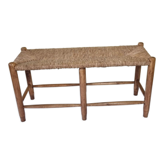 Wooden entrance bench and vintage straw 90 cm