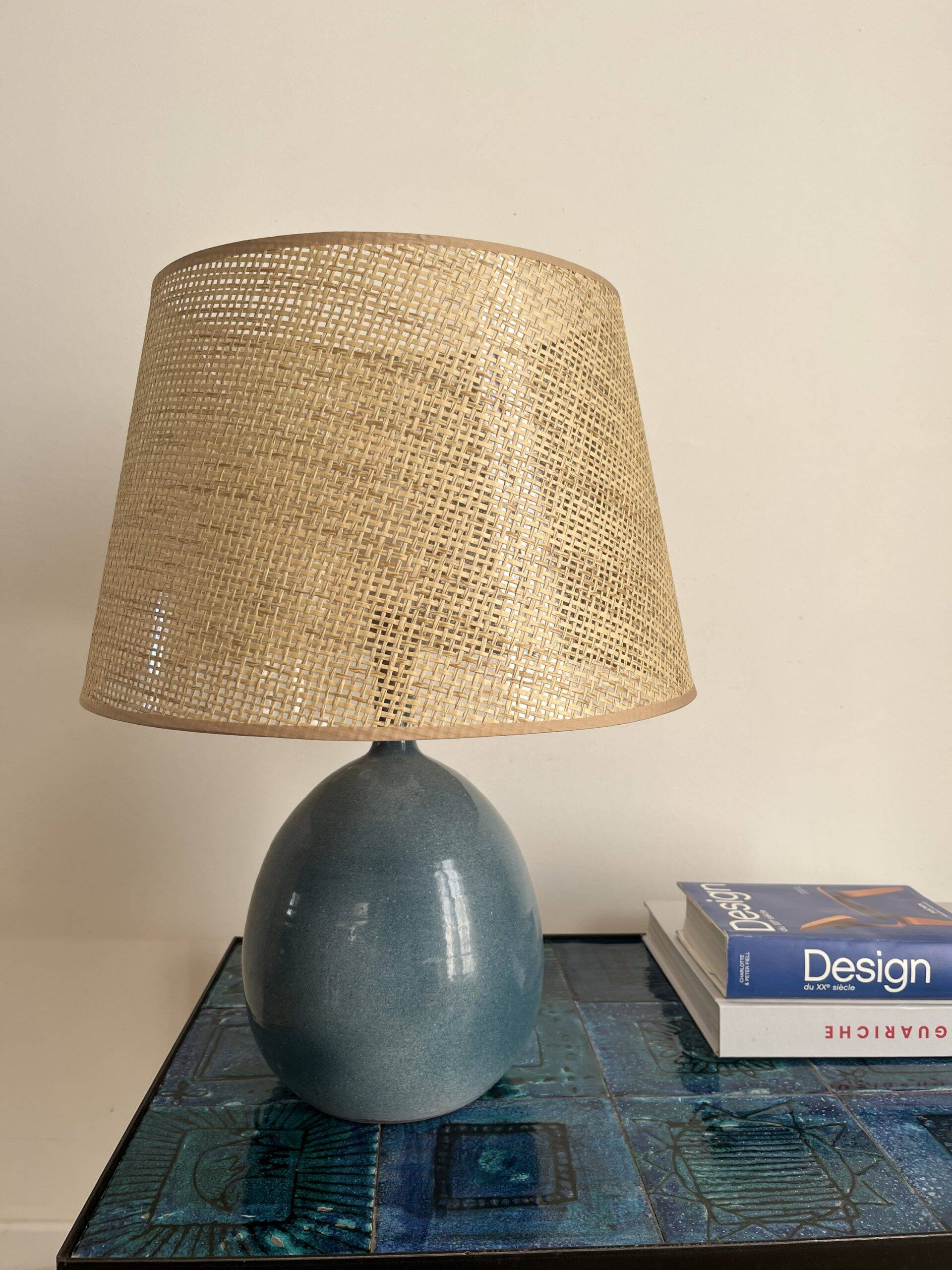 Blue enameled ceramic lamp by Roland Zobel, Les Cyclades workshop
