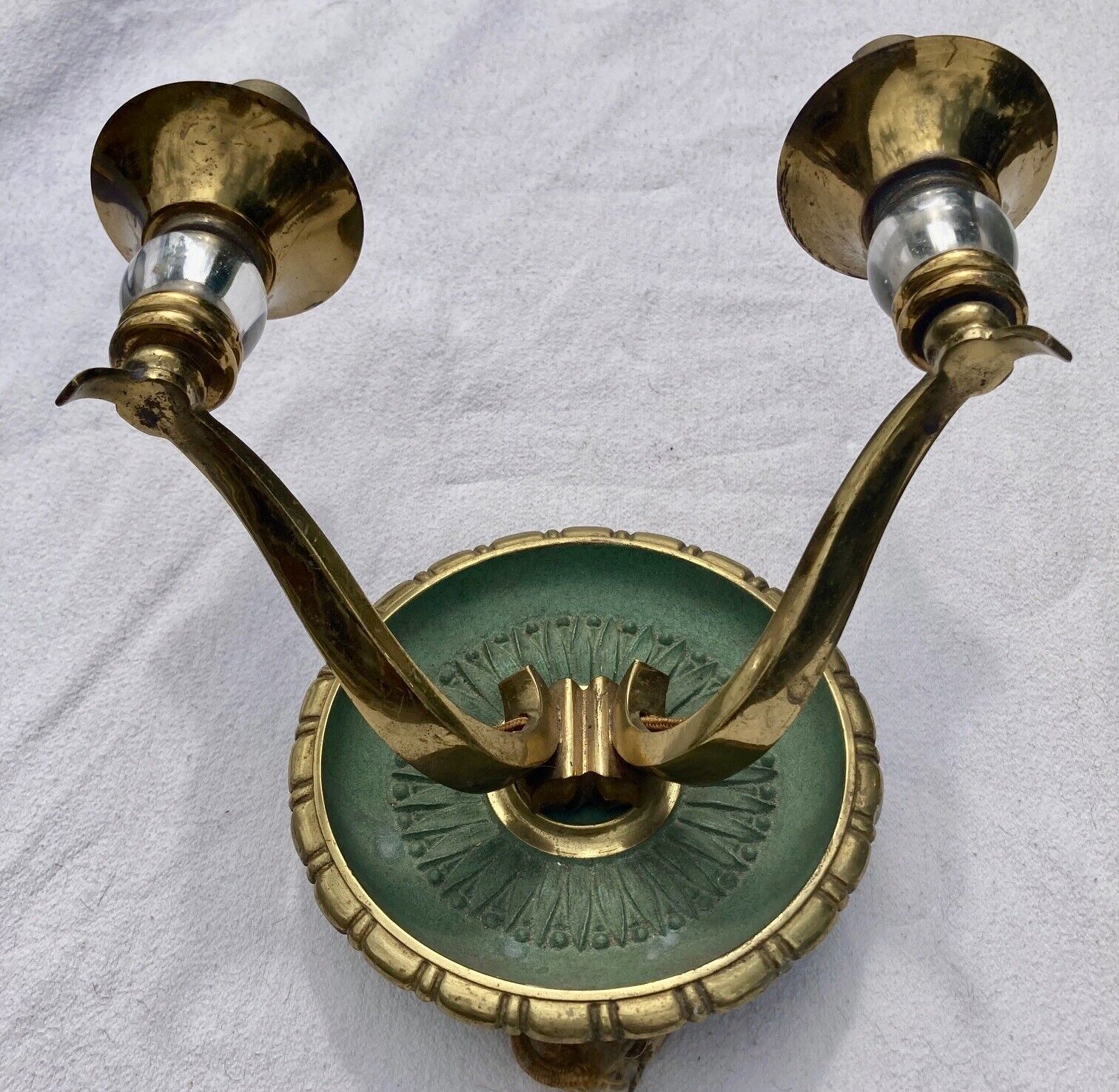 Pair of modernist bronze sconces & vintage crystal balls