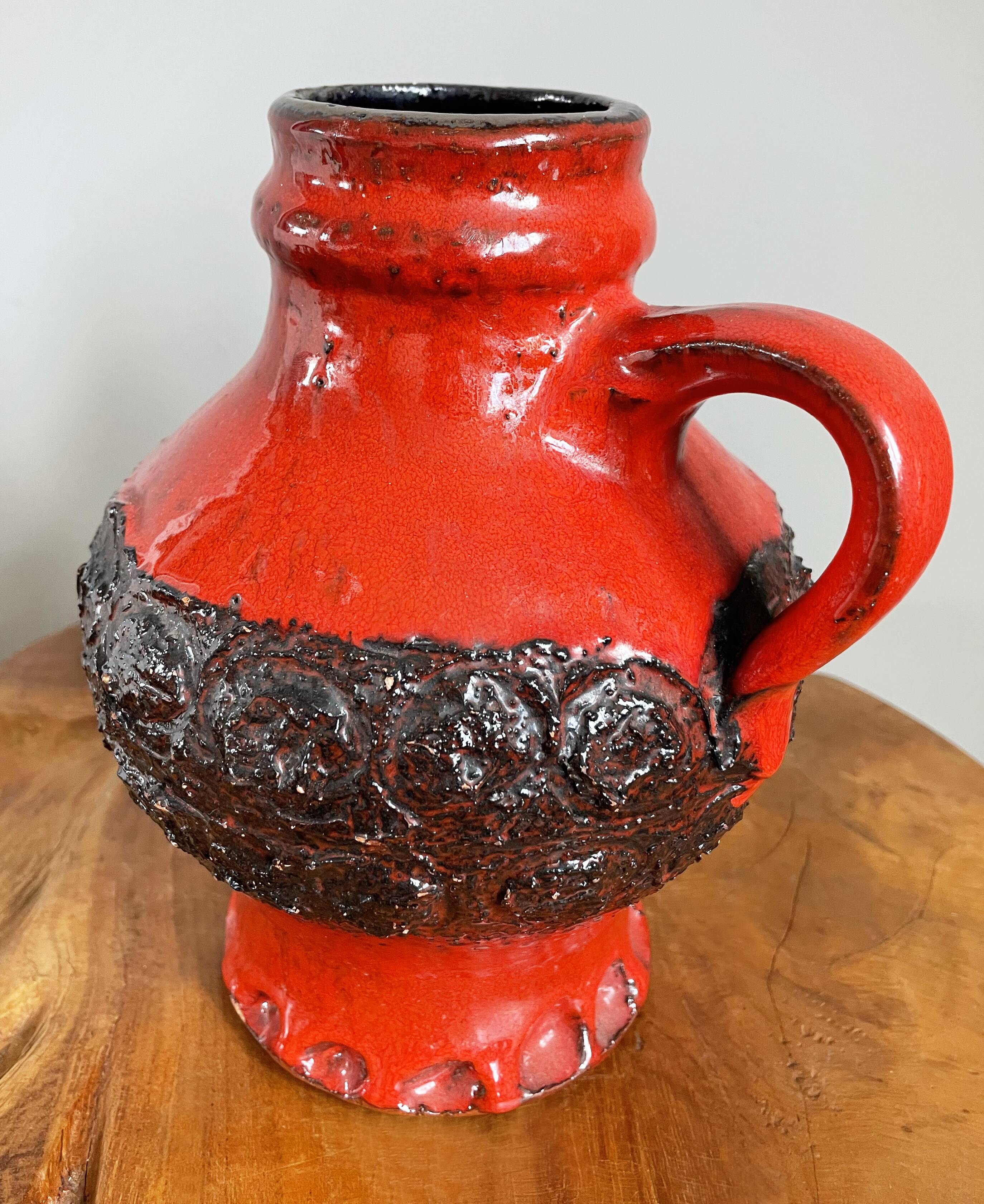 Bright Red and Black Ceramic Vase, Heavy Jug in Mid-Century Style, West German Pottery